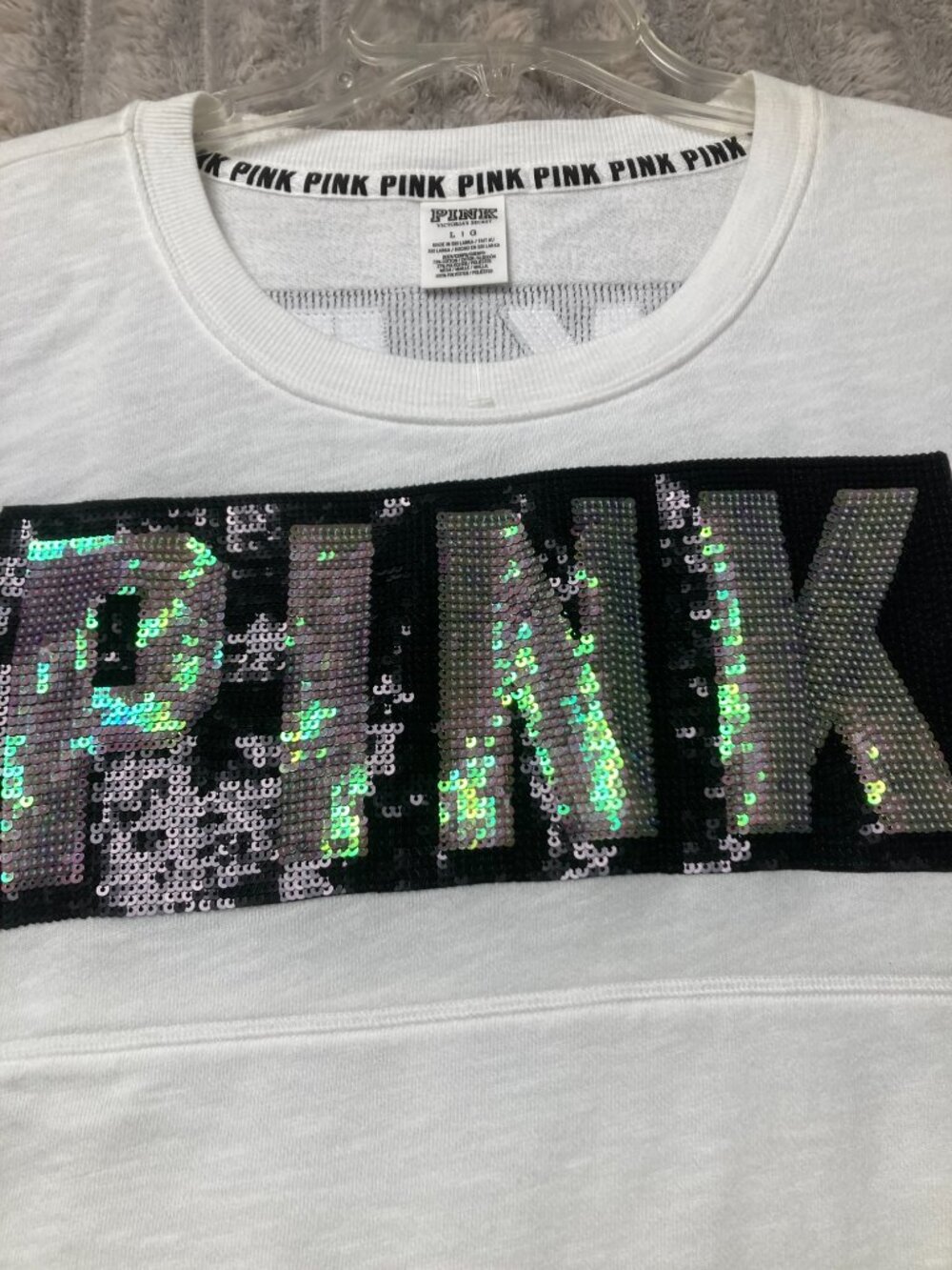 PINK Victoria's Secret Crew Neck Sweatshirt with Sequin Lettering Size Large - Picture 7 of 10
